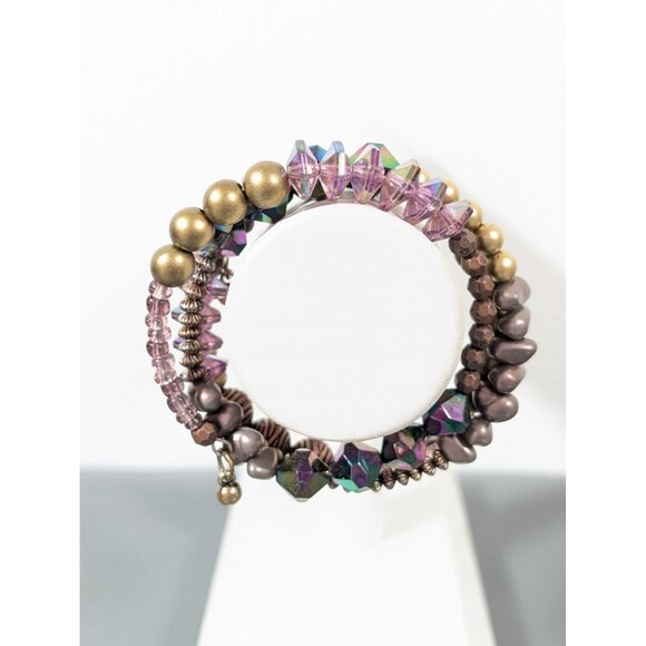 Pink Gold Tone Mystic Fire Bead Coil Flex Wire Wrap Bracelet Boho 7" - Picture 2 of 6